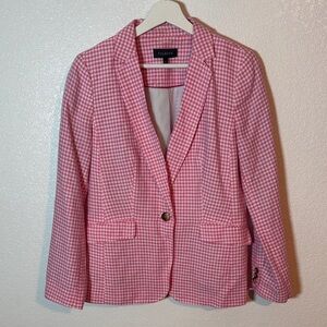 Talbots Pink Gingham Linen Single Button Blazer Size 8 Preppy Classic